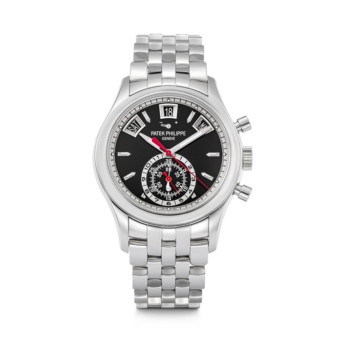 PATEK PHILIPPE. A VERY RARE AND ATTRACTIVE STAINLESS STEEL AUTOMATIC ANNUAL CALENDAR FLYBACK CHRONOGRAPH WRISTWATCH WITH POWER RESERVE, DAY/NIGHT INDICATOR, BLACK DIAL AND BRACELET REF. 5960/1A-010, MOVEMENT NO. 5'998'035, CASE NO. 6'103'525, CIRCA 2018