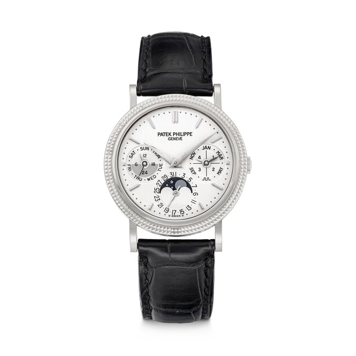 PATEK PHILIPPE. AN 18K WHITE GOLD AUTOMATIC PERPETUAL CALENDAR WRISTWATCH WITH MOON PHASES, 24 HOUR AND LEAP YEAR INDICATION REF. 5039G, MOVEMENT NO. 3'677'777, CASE NO. 4'403'658, MANUFACTURED IN 2008