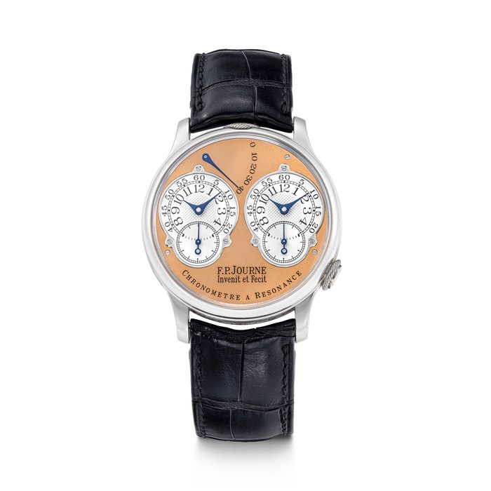 F.P F.P. JOURNE. AN EXTREMELY RARE AND EARLY PLATNIUM DUAL TIME WRISTWATCH WITH RESONANCE-CONTROLLED TWIN INDEPENDENT GEAR-TRAIN MOVEMENT, POWER RESERVE AND 18K PINK GOLD DIAL CHRONOMÈTRE À RÉSONANCE MODEL, CASE NO. 130/01R, Price & Market Data