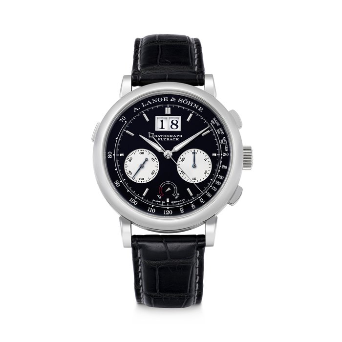 A. LANGE & SÖHNE. AN ATTRACTIVE PLATINUM FLYBACK CHRONOGRAPH WRISTWATCH WITH OVERSIZED DATE AND POWER RESERVE DATOGRAPH UP/DOWN MODEL, REF. 405.035, MOVEMENT NO. 94916, CASE NO. 205'120, CIRCA 2013