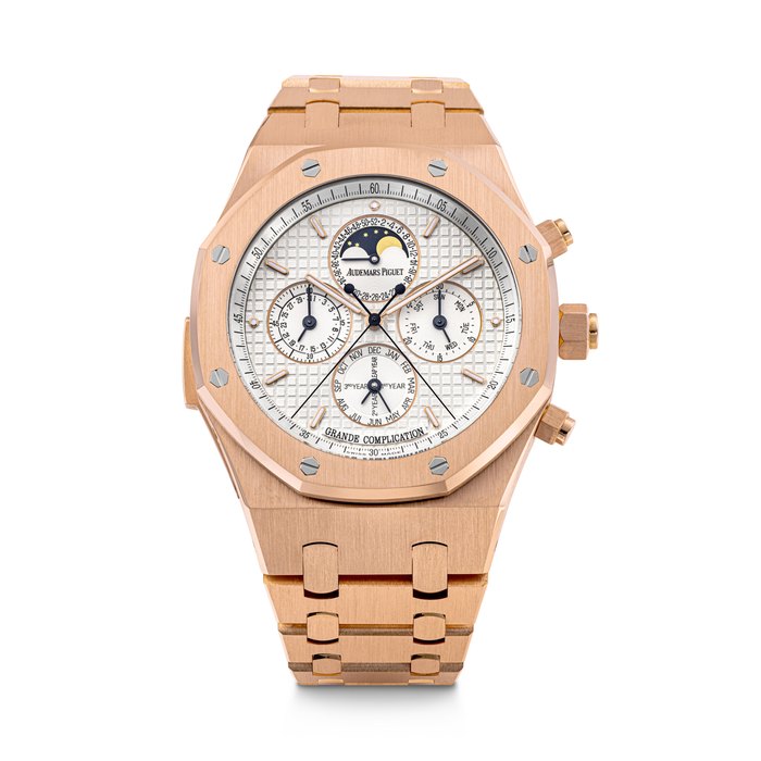 AUDEMARS PIGUET. A HIGHLY COMPLICATED AND VERY RARE 18K PINK GOLD AUTOMATIC MINUTE REPEATING PERPETUAL CALENDAR SPLIT SECONDS CHRONOGRAPH WRISTWATCH WITH MOON PHASES, LEAP YEAR INDICATION AND BRACELET ROYAL OAK GRANDE COMPLICATION AUTOMATIQUE MODEL, REF. 25880OR, CASE NO. HI8355, CIRCA 2011