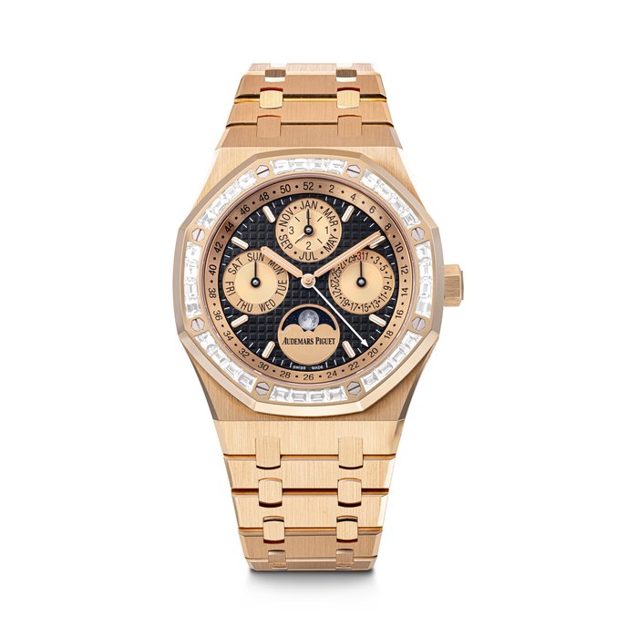 Audemars Piguet AUDEMARS PIGUET. A VERY RARE AND ATTRACTIVE 18K PINK GOLD AND BAGUETTE-CUT DIAMOND-SET LIMITED EDITION AUTOMATIC PERPETUAL CALENDAR WRISTWATCH WITH MOON PHASES, WEEK INDICATION AND BRACELET ROYAL OAK PERPETUAL CALENDAR MODEL, REF. 26614OR, CASE NO. XF6918L, Price & Market Data
