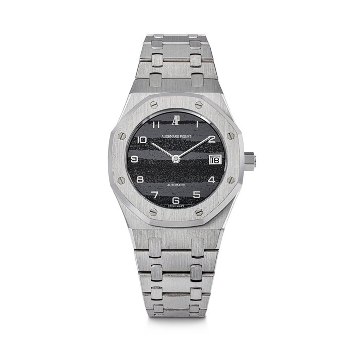 AUDEMARS PIGUET. A VERY RARE AND ATTRACTIVE 18K WHITE GOLD AUTOMATIC WRISTWATCH WITH DATE, BRACELET AND JASPER DIAL ROYAL OAK MODEL, REF. 14812BC, CASE NO. D16984 AND 025, MANUFACTURED IN 1993