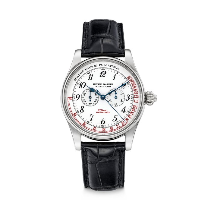 ULYSSE NARDIN. AN 18K WHITE GOLD LIMITED EDITION SINGLE BUTTON CHRONOGRAPH WRISTWATCH WITH PULSOMETRE SCALE AND BREGUET NUMERALS, MADE FOR THE 175TH ANNIVERSARY OF ULYSSE NARDIN REF. 380-22, CASE NO. 60⁄175