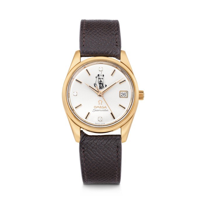 Omega OMEGA. AN 18K PINK GOLD AND DIAMOND-SET AUTOMATIC WRISTWATCH WITH DATE INDICATION AND PORTRAIT OF SHEIKH ISA BIN SALMAN AL KHALIFA OF BAHRAIN SEAMASTER MODEL, REF. 166.010, MOVEMENT NO. 20.994.819, MANUFACTURED IN 1964