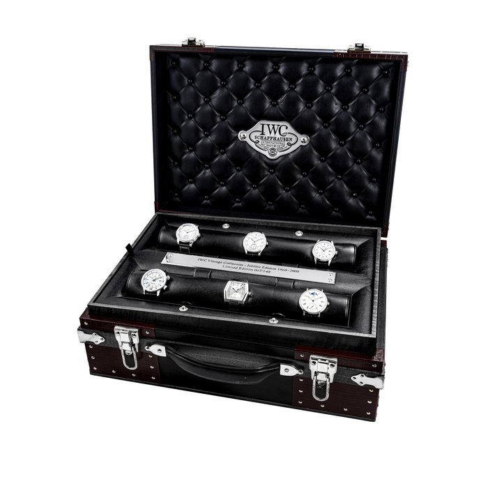 IWC. A RARE SET OF 6 PLATINUM LIMITED EDITION WRISTWATCHES, WITH ORIGINAL WOOD AND LEATHER SUITCASE PRESENTATION BOX, MADE TO CELEBRATE THE 140 TH ANNIVERSARY OF IWC IWC VINTAGE COLLECTION - JUBILEE EDITION 1868-2008, SET NO. 67⁄140, CIRCA 2008 A PLATINUM WRISTWATCH, FLIEGERUHR HANDAUFZUG MODEL, REF. 3254, CASE NO. 3’361’621 AND 67⁄500 A PLATINUM WRISTWATCH, PORTUGIESER HANDAUZUG MODEL, REF. 5445, CASE NO. 3’313’597 AND 67⁄500 A PLATINUM AUTOMATIC WRISTWATCH WITH SWEEP CENTRE SECONDS AND DATE, I