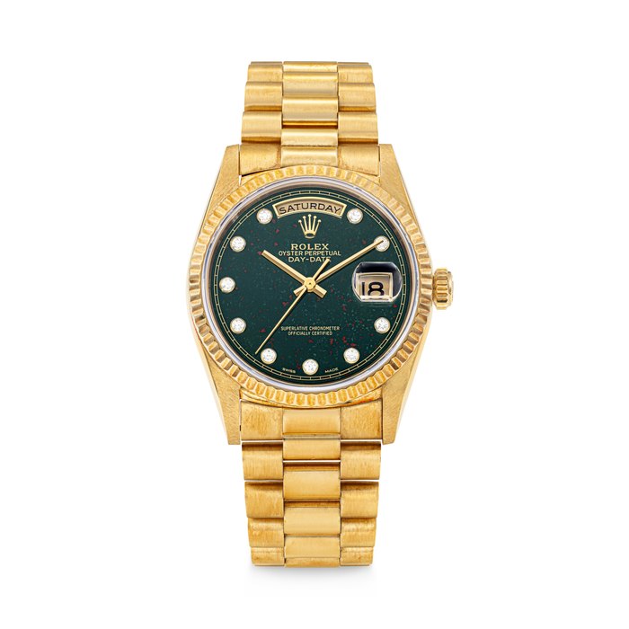 ROLEX. A RARE AND GORGEOUS 18K GOLD AND DIAMOND-SET AUTOMATIC WRISTWATCH WITH SWEEP CENTRE SECONDS, DAY, DATE, BLOODSTONE DIAL AND BRACELET DAY-DATE MODEL, REF. 18238, CASE NO. W526231, CIRCA 1996