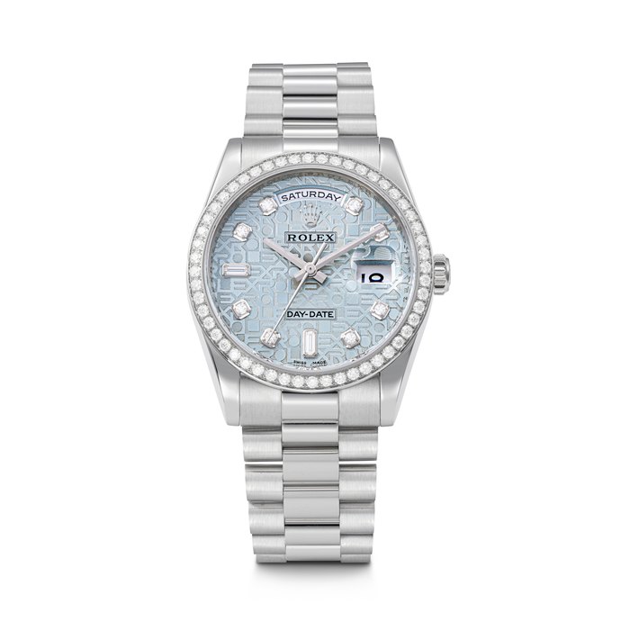 ROLEX. A PLATINUM AND DIAMOND-SET AUTOMATIC WRISTWATCH WITH SWEEP CENTRE SECONDS, DAY, DATE AND BRACELET DAY-DATE MODEL, REF. 118346, CASE NO. Z185451