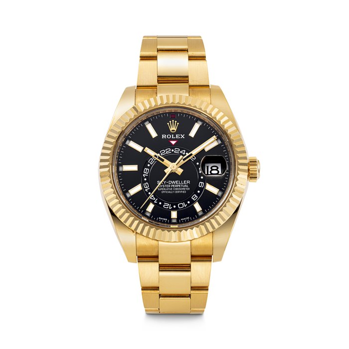 ROLEX. AN 18K GOLD ANNUAL CALENDAR AUTOMATIC WRISTWATCH WITH SWEEP CENTRE SECONDS, DUAL TIME AND BRACELET SKY-DWELLER MODEL, REF. 326938, CASE NO. 9819T221, CIRCA 2019