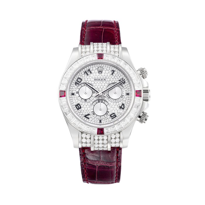 ROLEX. AN ATTRACTIVE 18K WHITE GOLD, DIAMOND AND RUBY-SET AUTOMATIC CHRONOGRAPH WRISTWATCH DAYTONA MODEL, REF. 116599 4RU, CASE NO. 07C0W236, CIRCA 2014