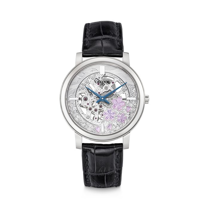 CREDOR. A DELICATE 18K WHITE GOLD SKELETONISED WRISTWATCH WITH MOTHER-OF-PEARL DIAL DEPICTING CHERRY BLOSSOMS AND BIRDS REF. GBBD961 AND 6899-00K0, CASE NO. 710'001, CIRCA 2017