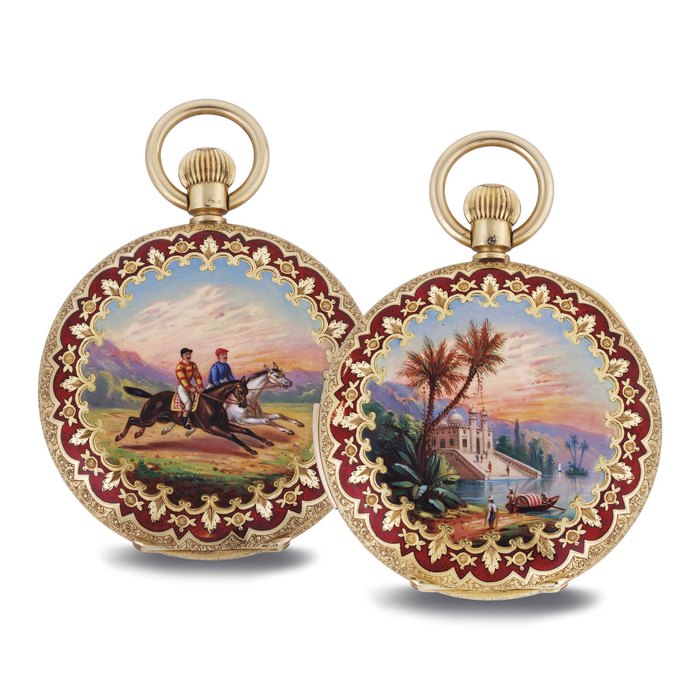 SWISS. A FINE AND UNUSUAL 18K GOLD AND ENAMEL HUNTER CASE CATHEDRAL MINUTE REPEATING KEYLESS LEVER WATCH MADE FOR THE INDIAN MARKET UNSIGNED, DIAL SIGNED SWISS MADE, NO. 5927, CIRCA 1900