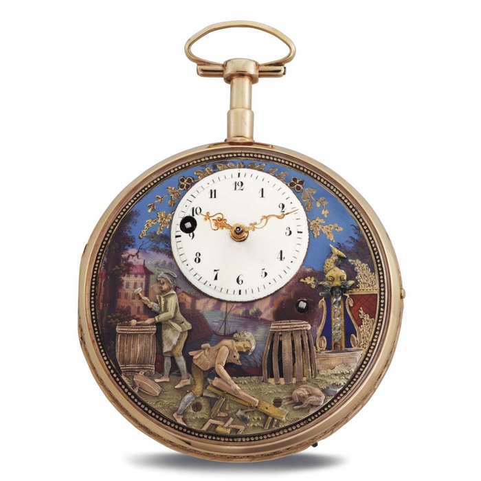 SWISS. A FINE AND RARE 18K PINK GOLD AND ENAMEL OPENFACE TWO-TRAIN THREE AUTOMATON WATCH, MADE FOR THE CHINESE MARKET UNSIGNED, CIRCA 1820