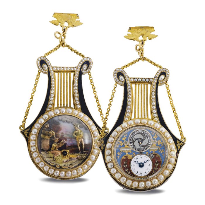 SWISS. A FINE AND VERY RARE 18K GOLD, ENAMEL AND PEARL-SET LYRE-FORM MUSICAL WATCH WITH THREE FIGURE AUTOMATON AND VISIBLE BALANCE, MADE FOR THE CHINESE MARKET UNSIGNED, CIRCA 1820