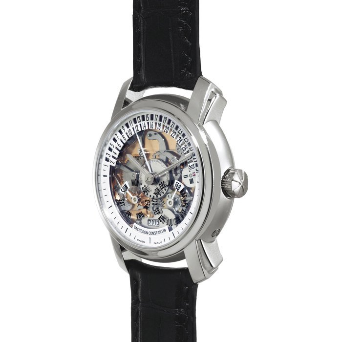 Vacheron Constantin VACHERON CONSTANTIN. A FINE AND RARE PLATINUM AUTOMATIC PERPETUAL CALENDAR SKELETONIZED WRISTWATCH WITH RETROGRADE DATE SIGNED VACHERON CONSTANTIN, GENEVE, MALTE MODEL, MOVEMENT NO. 976961, CASE NO. 1125353, REF. 47032, MANUFACTURED IN 2008