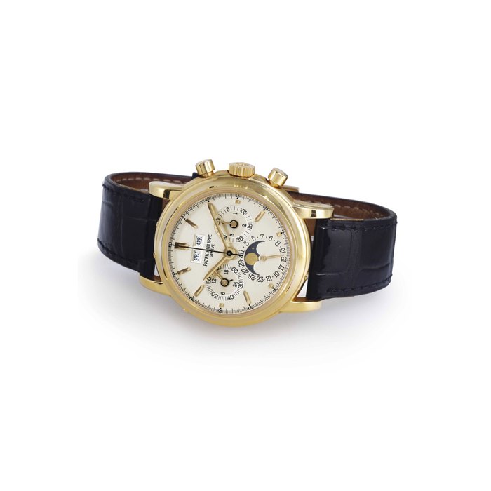 PATEK PHILIPPE. A FINE AND RARE 18K GOLD PERPETUAL CALENDAR CHRONOGRAPH WRISTWATCH WITH MOON PHASES SIGNED PATEK PHILIPPE, GENEVE, MOVEMENT NO. 876380, CASE NO. 2919374, REF. 3970E, MANUFACTURED IN 1993