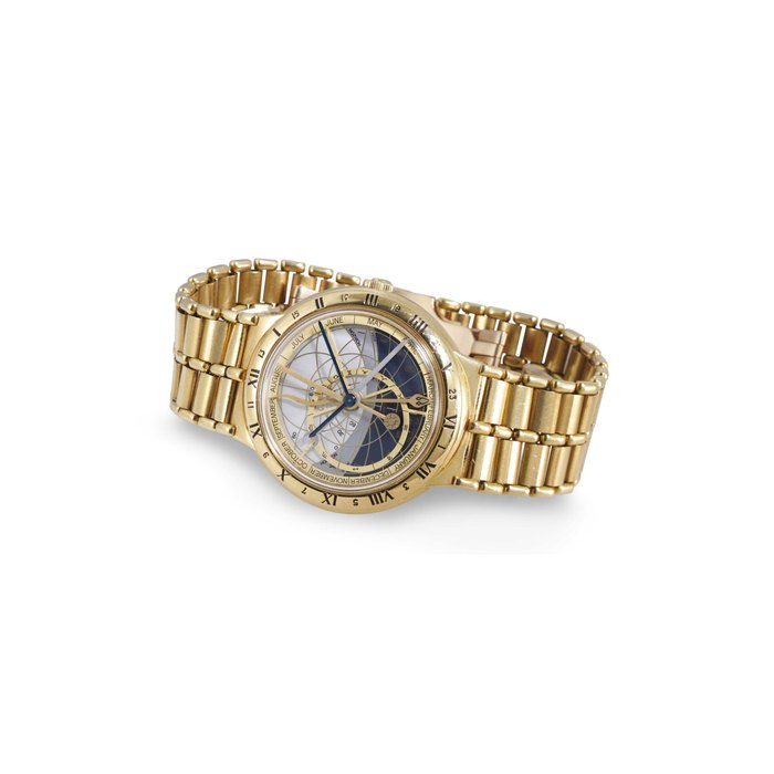 ULYSSE NARDIN. A FINE LIMITED EDITION 18K GOLD AUTOMATIC PERPETUAL CALENDAR ASTRONOMICAL WRISTWATCH SIGNED ULYSSE NARDIN, ASTROLABIUM GALILEO GALILEI, NO. 027, REF. 911-22, CIRCA 1995