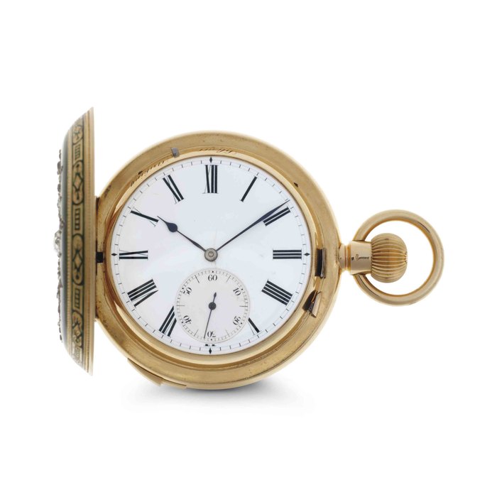 Swiss. A Fine 18k Gold, Diamond and Enamel Two Train Hunter Case Minute Repeating Grand And Petite Sonnerie Keyless Lever Clock Watch For The Indian Market UNSIGNED, NO. 41619, CIRCA 1885
