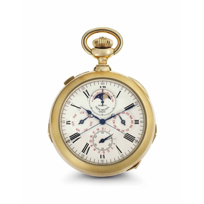 Patek Philippe. A Very Rare And Impressive 18k Gold Minute Repeating Perpetual Calendar Split-Seconds Keyless lever Chronograph Clockwatch With Grande And Petite Sonnerie And Moon Phases SIGNED PATEK PHILIPPE, GENEVE, GRAND COMPLICATION MODEL, REF. 939/3, MOVEMENT NO. 866'774, CASE NO. 2'807'786, MANUFACTURED IN 1990