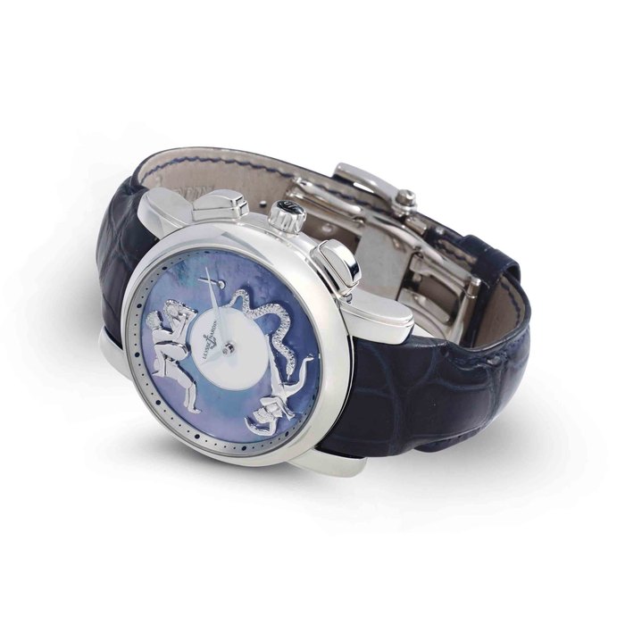 Ulysse Nardin. A Fine Platinum and Mother-of-Pearl Jacquemart Striking Erotica Wristwatch SIGNED ULYSSE NARDIN, NO. 12, REF. 769-80, CIRCA 2009