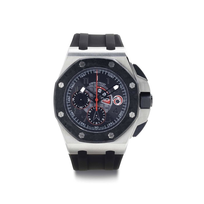 Audemars Piguet. A Limited Edition Platinum And Carbon Automatic Chronograph Wristwatch With Regatta Countdown Indication SIGNED AUDEMARS PIGUET, NO. 026/107, ROYAL OAK, ALINGHI, LIMITED EDITION, REF. 26062PT, CASE NO. F91471, CIRCA 2008
