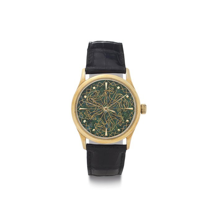 Vacheron Constantin Vacheron Constantin. A Fine and Rare and 18k Gold and Cloisonné Enamel Dial Wristwatch with Center Seconds SIGNED VACHERON CONSTANTIN, REF. 4217, MOVEMENT, 495'8034, CASE 337'732, MANUFACTURED IN 1953