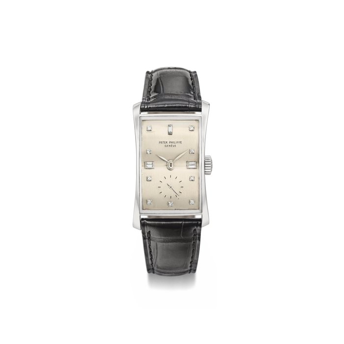 Patek Philippe. A Fine and Rare Platinum and Diamond-Set Rectangular Wristwatch SIGNED PATEK PHILIPPE, GENÈVE, REF. 1593, MOVEMENT NO. 839'983, CASE NO. 650'758, CIRCA 1948