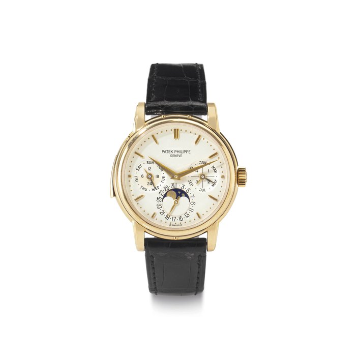 Patek Philippe. A Very Fine and Rare 18K Gold Automatic Minute Repeating Perpetual Calendar Wristwatch with Moon Phases SIGNED PATEK PHILIPPE, GENEVE, REF. 3974, MOVEMENT NO. 1'906'054, CASE NO. 2'900'794, MANUFACTURED IN 1991