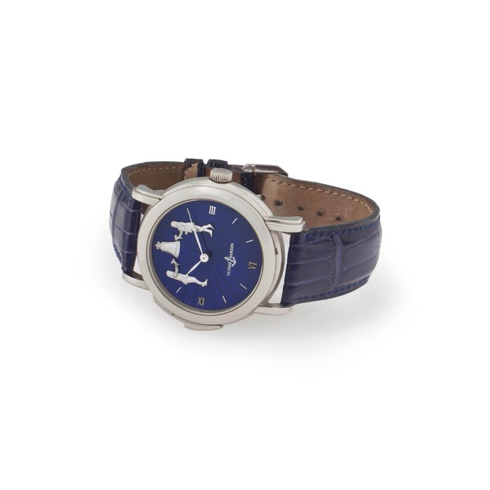 Ulysse Nardin. A Fine and Rare Limited Edition Platinum Minute Repeating Jacquemart Wristwatch with Automaton SIGNED ULYSSE NARDIN, NO. 17, SAN MARCO MODEL, REF. 709-20, CIRCA 1995