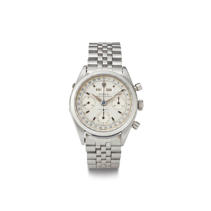 Rolex. A Fine and Rare Stainless Steel Triple Calendar Chronograph Wristwatch with Bracelet SIGNED ROLEX, OYSTER CHRONOGRAPH, REF. 6236, CASE NO. 576403, MANUFACTURED IN 1960