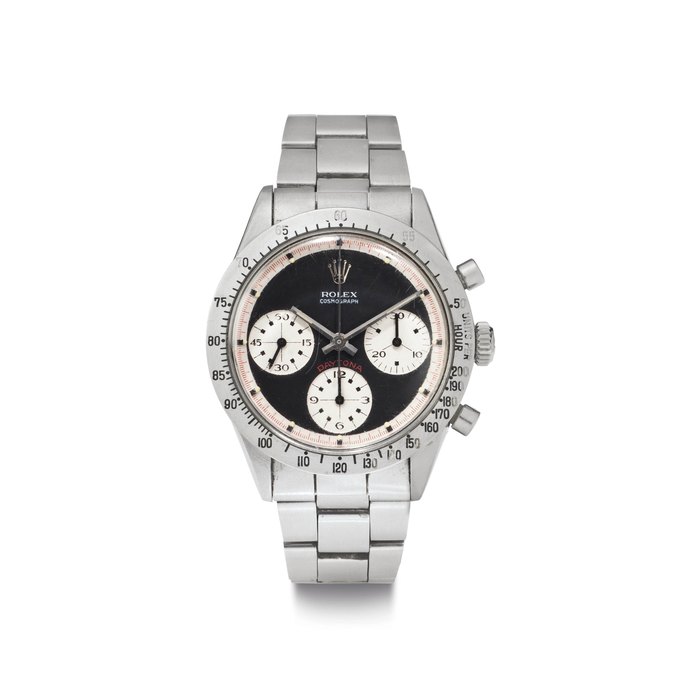 Rolex. A Stainless Steel Chronograph Wristwatch with Black Dial, Bracelet, Original Invoice and Box SIGNED ROLEX, COSMOGRAPH DAYTONA, REF. 6262, PAUL NEWMAN MODEL, CASE NO. 2'623'066, RETAILED BY BUCHERER, CIRCA 1971