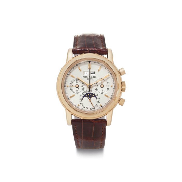 Patek Philippe. A Very Fine and Rare 18K Pink Gold Perpetual Calendar Chronograph Wristwatch with Moon Phases and Original Certificate of Origin SIGNED PATEK PHILIPPE, GENÈVE, REF. 3970E, 4TH SERIES, MOVEMENT NO. 3'045'557, CASE NO. 2'994'107, MANUFACTURED IN 1996