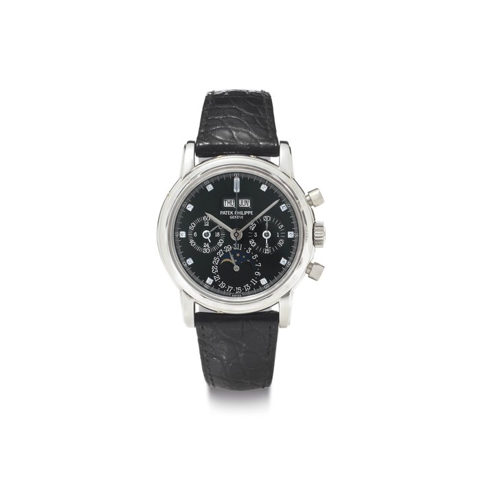 Patek Philippe. A Very Fine and Rare Platinum and Diamond-set Perpetual Calendar Chronograph Wristwatch with Moon Phases, Black Dial Original Certificate, Presentation Box and Additional Hard Back SIGNED PATEK PHILIPPE, GENÈVE, REF. 3970E, MOVEMENT NO. 3'045'294, CASE NO. 2'953'474, MANUFACTURED IN 1995