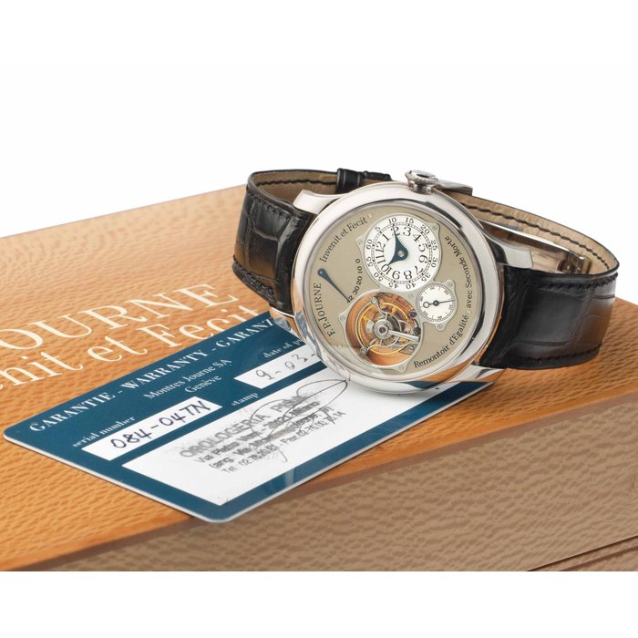 F.P. Journe. A Very Fine and Rare Platinum Tourbillon Wristwatch with Constant Force Remontoir, Power Reserve and Dead Beat Second SIGNED F.P. JOURNE, INVENIT ET FECIT, REMONTOIR D'EGALITÉ AVEC SECONDE MORTE, TOURBILLON SOUVERAIN, NO. 084-04TN, CIRCA 2006