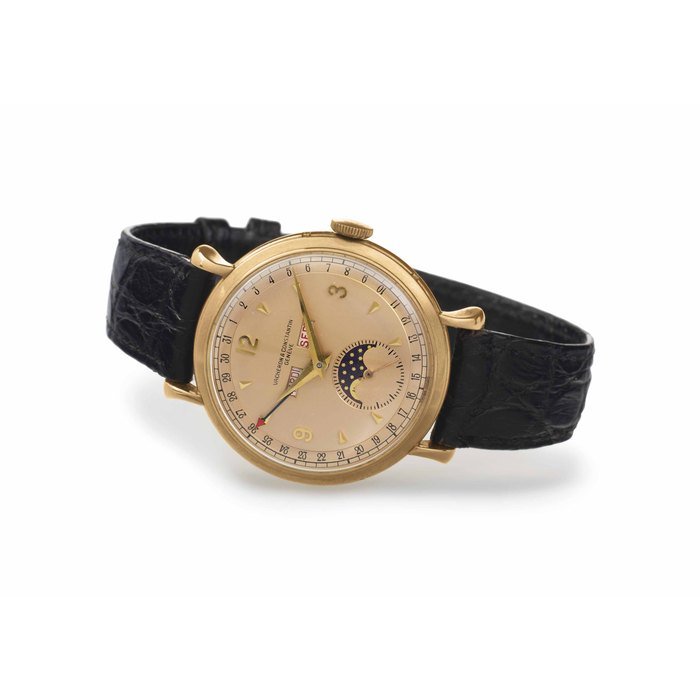 Vacheron Constantin Vacheron Constantin. A Fine 18k Gold Triple Calendar Wristwatch with Pink Dial and Moon Phases SIGNED VACHERON & CONSTANTIN, GENEVE, MOVEMENT NO. 292'455, CASE NO. 292'447, CIRCA 1940