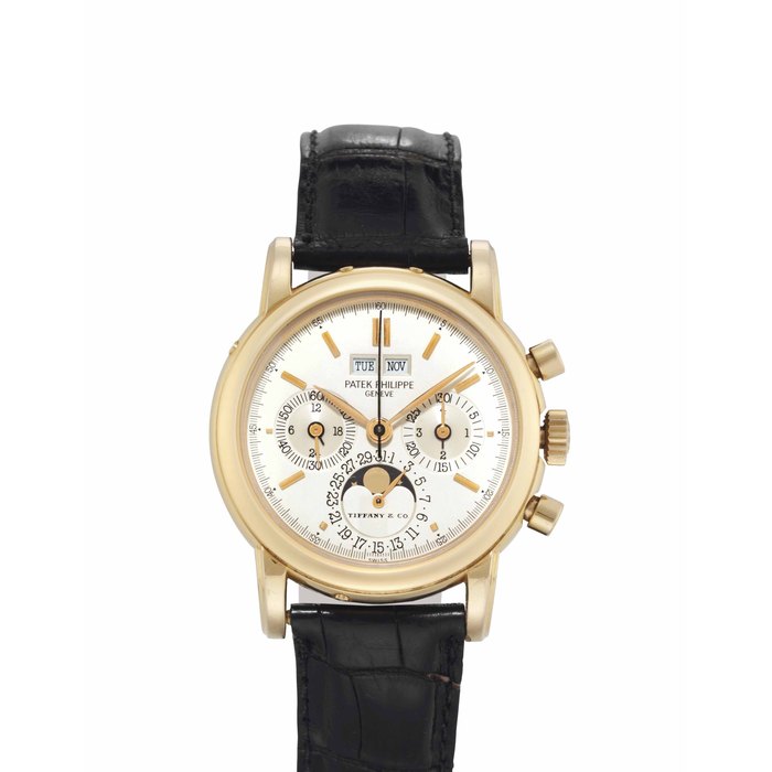 Patek Philippe. A Fine and Rare 18k Pink Gold Perpetual Calendar Chronograph Wristwatch with Moon Phases SIGNED PATEK PHILIPPE, GENEVE, RETAILED BY TIFFANY & CO., REF. 3971E, MOVEMENT NO. 875'360, CASE NO. 2'855'579, MANUFACTURED IN 1989