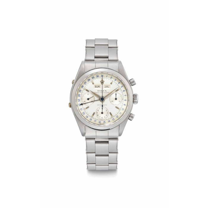 Rolex. A Fine and Rare Stainless Steel Triple Calendar Chronograph Wristwatch with Bracelet SIGNED ROLEX, OYSTER CHRONOGRAPH, ANTI-MAGNETIC, REF. 6236, CASE NO. 576'392, MANUFACTURED IN 1960