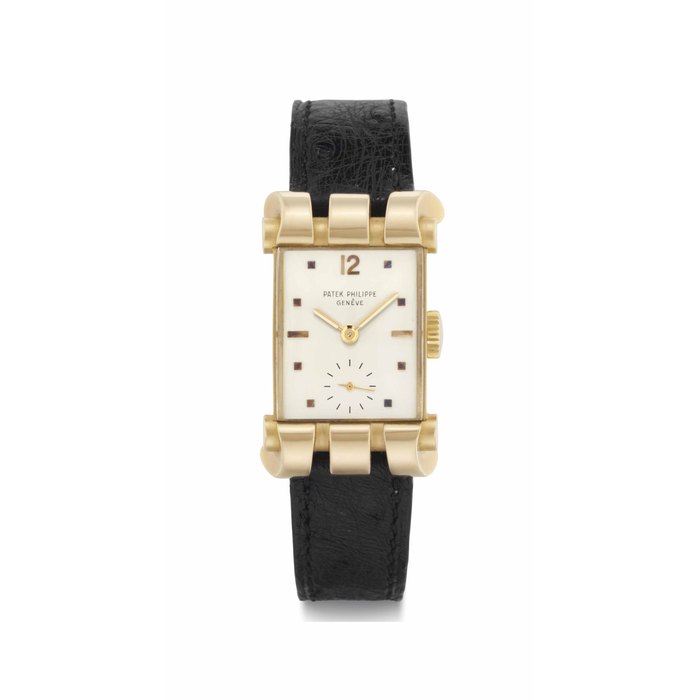 Patek Philippe. A Fine and Very Rare 18k Pink Gold Rectangular-Shaped Wristwatch with Unusual Lugs SIGNED PATEK PHILIPPE, GENEVE, REF. 2471, MOVEMENT NO. 975'352, CASE NO. 666'993, MANUFACTURED IN 1953