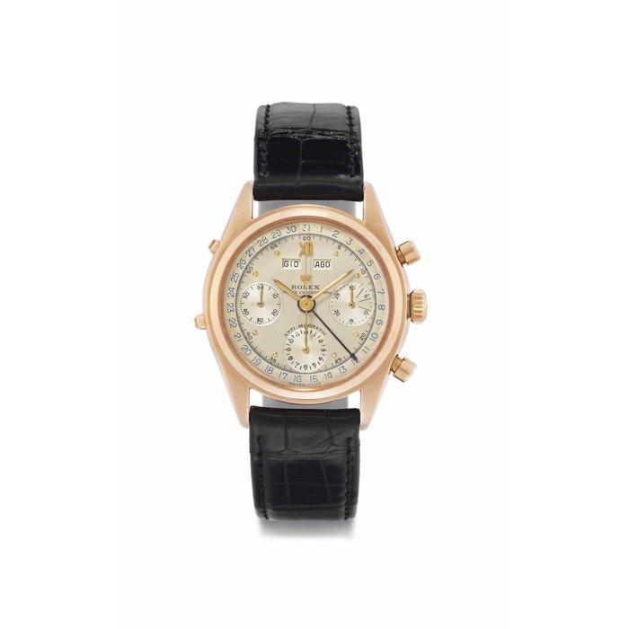 Rolex. A Very Fine and Extremely Rare 18k Pink Gold Triple Calendar Chronograph Wristwatch with Two-Tone Silvered Dial Made for the Italian Market SIGNED ROLEX, OYSTER CHRONOGRAPH, ANTI-MAGNETIC, REF. 6036, CASE NO. 113'762, MANUFACTURED IN 1955