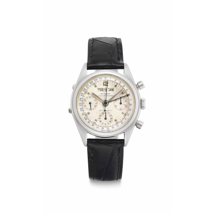 Rolex. A Very Rare and Highly Attractive Stainless Steel Triple Calendar Chronograph Wristwatch SIGNED ROLEX, OYSTER CHRONOGRAPH, ANTI-MAGNETIC, REF. 6036, CASE NO. 847'025, MANUFACTURED IN 1951
