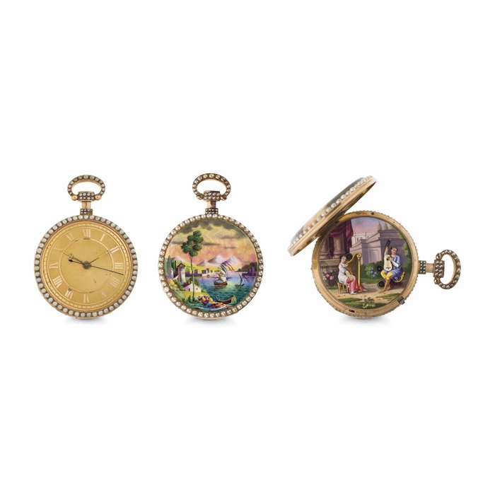 Anonymous. A Fine Quarter Repeating Musical Clock Watch Automaton Movement Recased in a 20th Century 18k Pink Gold, Enamel and Pearl-set Case in the Manner of an 18th Century Watch Made for the Chinese Market UNSIGNED, MOVEMENT 1830, CASE MODERN
