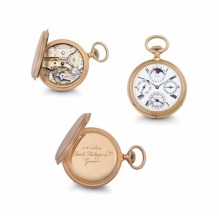 Patek Philippe. A Fine and Rare 18k Pink Gold Openface Perpetual Calendar Keyless Lever Watch with Moon Phases SIGNED PATEK PHILIPPE & CO., GENÈVE, MOVEMENT NO. 80'767, CASE NO. 209'057, MANUFACTURED IN 1890