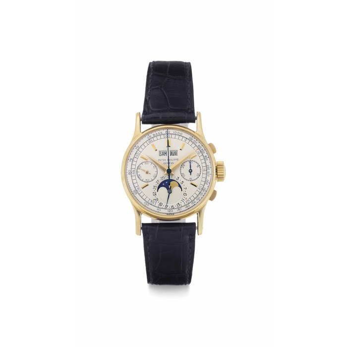 Patek Philippe. A Fine and Rare 18k Gold Perpetual Calendar Chronograph Wristwatch with Moon Phases SIGNED PATEK PHILIPPE, GENEVE, REF. 1518, MOVEMENT NO. 862'932, CASE NO. 629'590, MANUFACTURED IN 1942