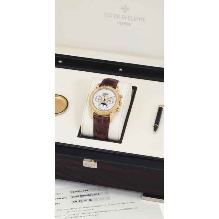 Patek Philippe. A Fine and Rare 18k Gold Perpetual Calendar Chronograph Wristwatch with Moon Phases, Additional Hard Back, Original Certificate, and Presentation Box SIGNED PATEK PHILIPPE, GENEVE, REF. 3970E, MOVEMENT NO. 3'046'160, CASE NO. 4'072'862, MANUFACTURED IN 1999