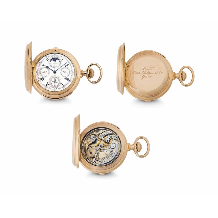 Patek Philippe. A Fine and Rare 18k Pink Gold Minute Repeating Hunter Case Chronograph Keyless Lever Watch with Moon Phases SIGNED PATEK PHILIPPE & CIE, GENEVE, MOVEMENT NO. 97'490, CASE NO. 222'154, MANUFACTURED IN 1894