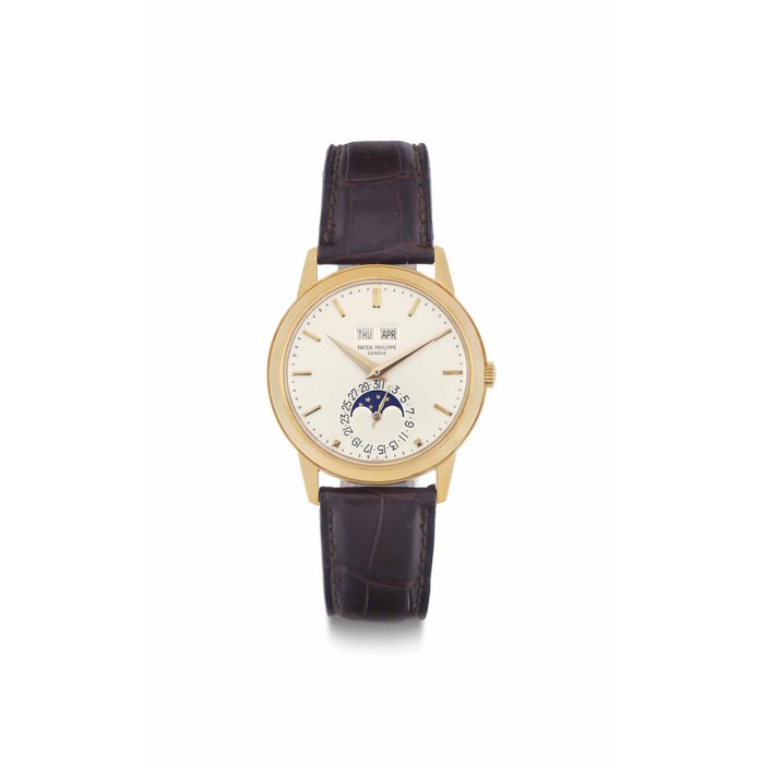 Patek Philippe. A Fine 18k Gold Automatic Perpetual Calendar Wristwatch with Moon Phases SIGNED PATEK PHILIPPE, GENEVE, REF. 3448, MOVEMENT NO. 1'119'177, CASE NO. 328'463, MANUFACTURED IN 1971
