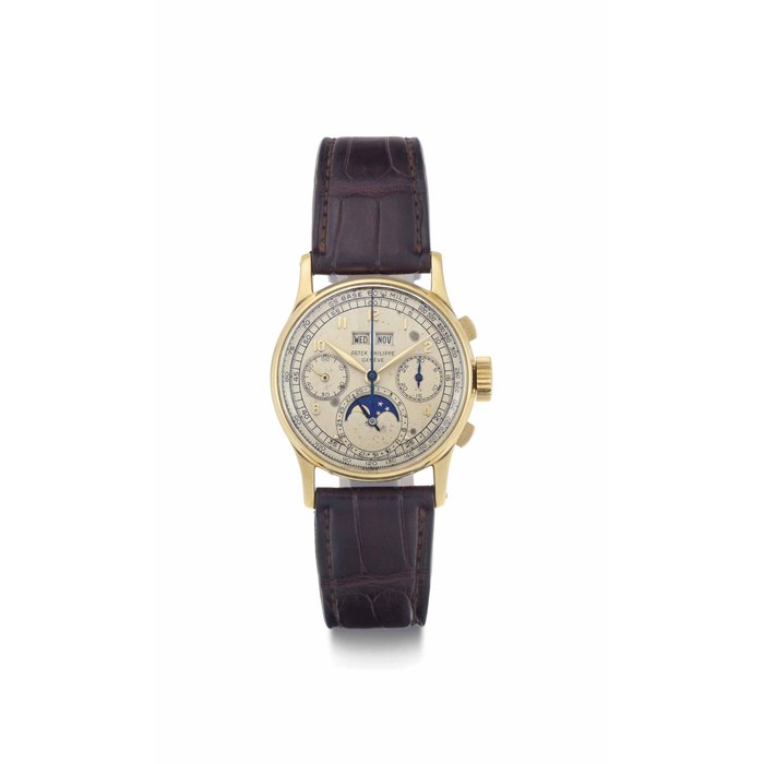 Patek Philippe. A Fine and Rare 18k Gold Perpetual Calendar Chronograph Wristwatch with Moon Phases SIGNED PATEK PHILIPPE, GENEVE, REF. 1518, MOVEMENT NO. 867'360, CASE NO. 650'449, MANUFACTURED IN 1948