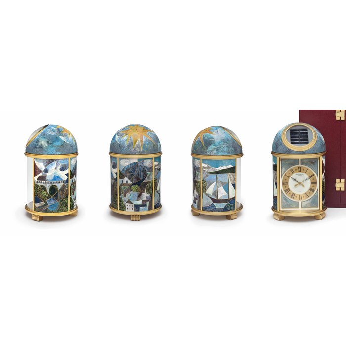 Patek Philippe. A Fine and Unique Gilt Brass Solar-Powered Desk Clock with Cloisonné Enamel, Original Certificate of Origin and Presentation Box SIGNED PATEK PHILIPPE, GENEVE, PENDULETTE DOME MODEL, GENÈVE DU XX SIÈCLE, REF. 1337 MOVEMENT NO. 1'804'476, MANUFACTURED IN 1989