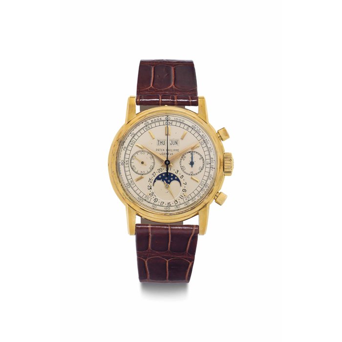 Patek Philippe. A Fine and Very Rare 18k Gold Perpetual Calendar Chronograph Wristwatch with Moon Phases and Tachometer Scale SIGNED PATEK PHILIPPE, GENÈVE, REF. 2499, MOVEMENT NO. 868'748, CASE NO. 2'611'726, MANUFACTURED IN 1960