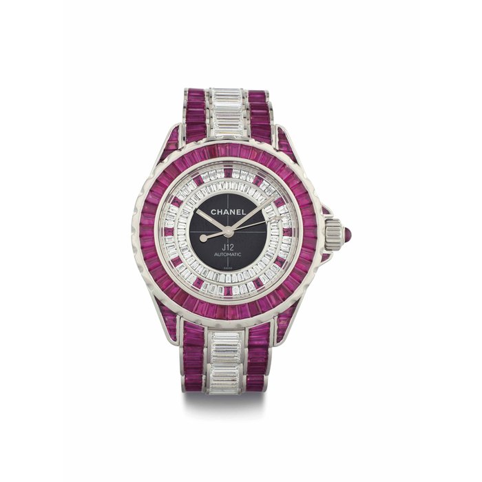 Chanel. A Rare 18k White Gold and Ceramic Limited Edition Automatic Wristwatch Set with Diamonds and Rubies SIGNED CHANEL, PARIS, J12 EDITIONS EXCLUSIVES MODEL, REFERENCE H2038, NO. 04/05, CASE NO. I.H.99334, CIRCA 2008